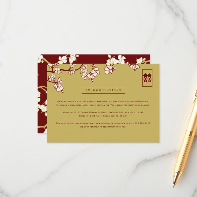 Tarjeta De Recepción Flores de Melocotón/Ciruela y Doble Felicidad Boda (Anverso/Reverso In Situ)