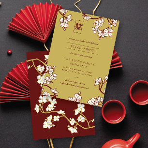 Tarjeta De Recepción Flores de melocotón/ciruelo 囍 Ceremonia de té de b