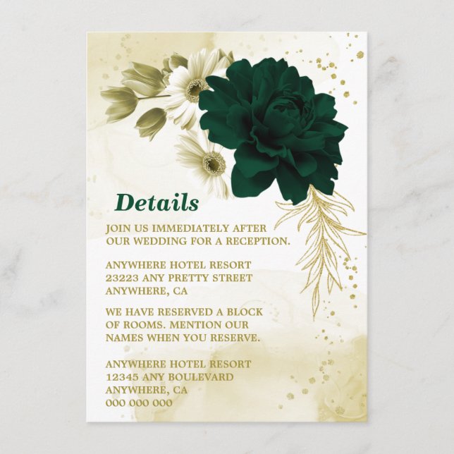 Tarjeta De Recepción Flores de oro de marfil verde esmeralda asombrosa (Anverso)