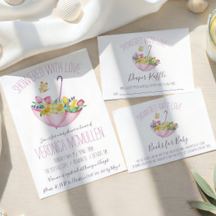 Tarjeta De Recepción Flores de primavera coloridas y libros de paraguas