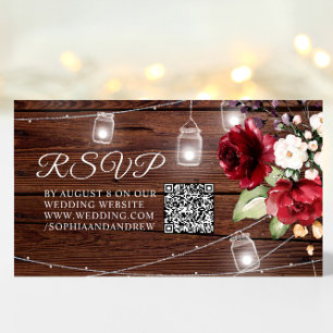 Tarjeta De Recepción Flores de rosa roja Boda de madera rústica Código