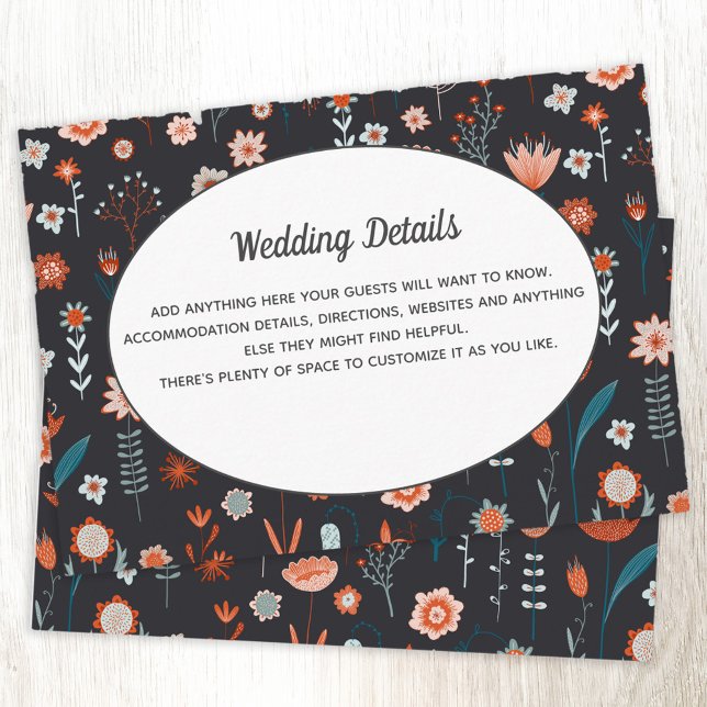 Tarjeta De Recepción Flores de verano escandinavas detalles de Boda osc (Wedding enclosure card with scandinavian dark floral pattern)