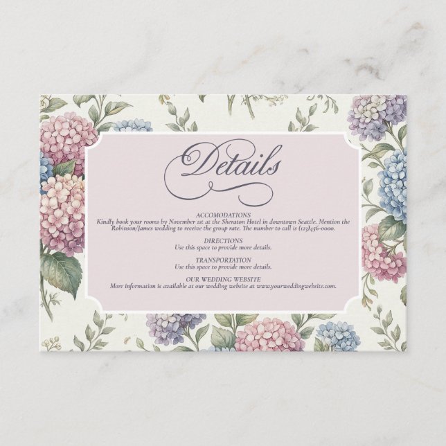 Tarjeta De Recepción Flores delicados de Hortensia Boda (Anverso)