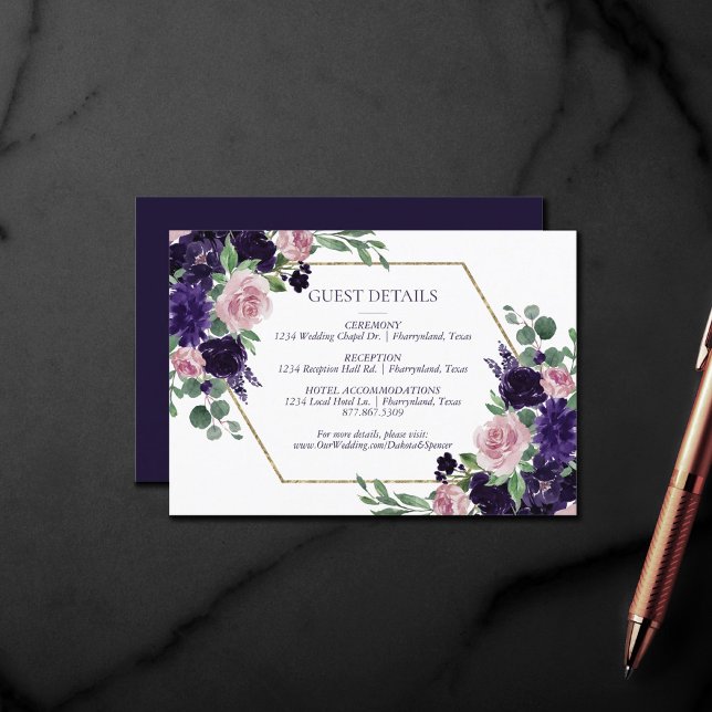 Tarjeta De Recepción Flores | Detalles del invitado de rosa morado y ro (Subido por el creador)