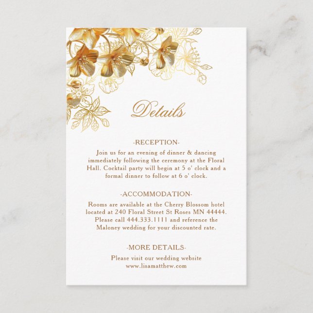 Tarjeta De Recepción Flores doradas 3D blancas (Anverso)