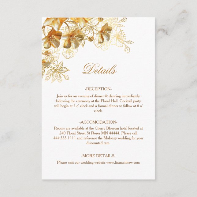 Tarjeta De Recepción Flores doradas 3D blancas (Anverso)