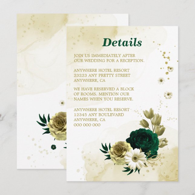Tarjeta De Recepción Flores doradas de marfil verde esmeralda asombrosa (Anverso / Reverso)