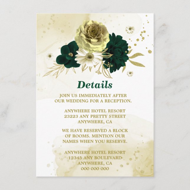Tarjeta De Recepción Flores doradas de marfil verde esmeralda asombrosa (Anverso)