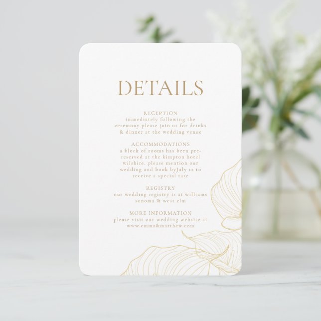 Tarjeta De Recepción Flores Doradas Elegantes Botánica Boda Moderna  (Anverso de pie)