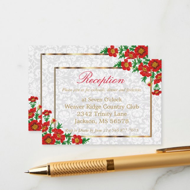 Tarjeta De Recepción Flores Elegantes de Amapola Roja (Anverso/Reverso In Situ)