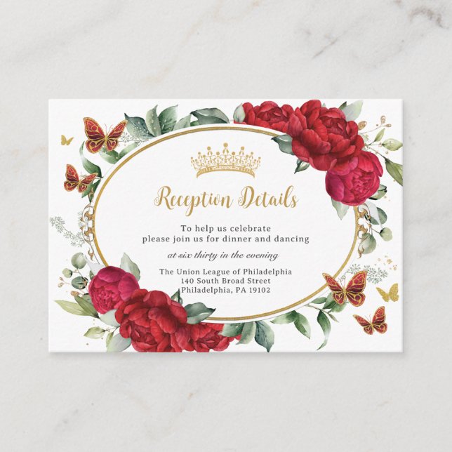 Tarjeta De Recepción Flores Florales de Peonies Mariposas Quinceañera (Anverso)