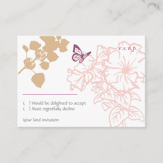 Tarjeta De Recepción Flores ilustradas y Jardín de mariposas RSVP (Anverso)