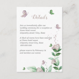 Tarjeta De Recepción flores moradas hojas verdes mariposas boda