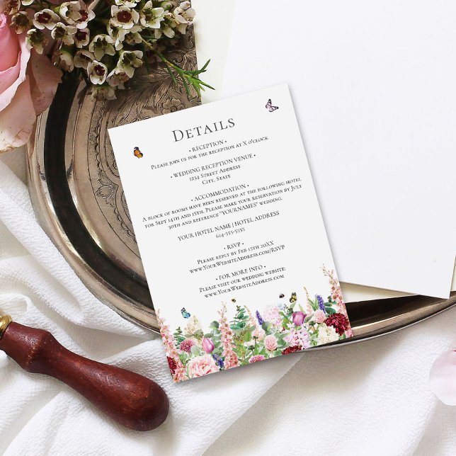 Tarjeta De Recepción Flores moradas rosadas con mariposas (Subido por el creador)