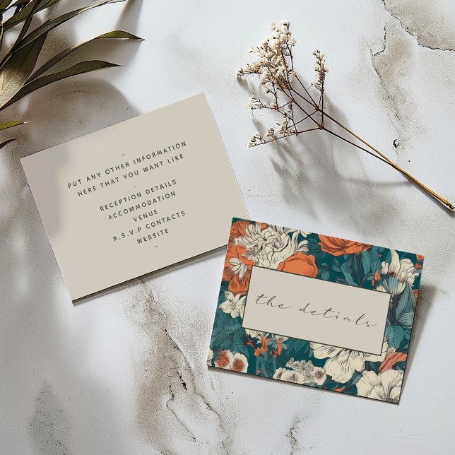 Tarjeta De Recepción Flores naranjas Boda elegante los detalles (Back and front Wedding "the details" card: Vintage floral frame with elegant green script and text.)