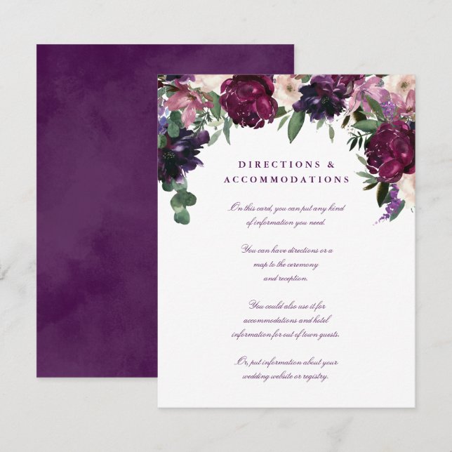 Tarjeta De Recepción Flores púrpura exuberantes | Boda romántico (Anverso / Reverso)