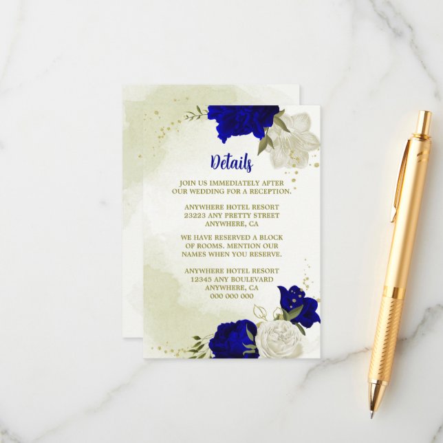 Tarjeta De Recepción flores reales azules blancas hojas verdes (Anverso/Reverso In Situ)