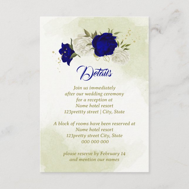 Tarjeta De Recepción flores reales azules blancas hojas verdes (Anverso)