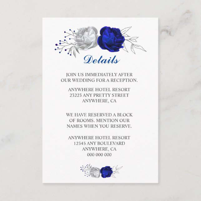 Tarjeta De Recepción flores reales azules y plateadas detalles blancos (Anverso)