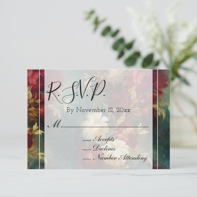 Tarjeta De Recepción Flores rojas blancas románticas Boda RSVP (Anverso de pie)
