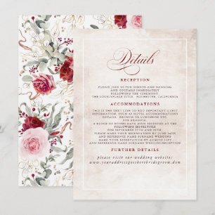 Tarjeta De Recepción Flores rojas borgoñonas elegantes detalles del Bod