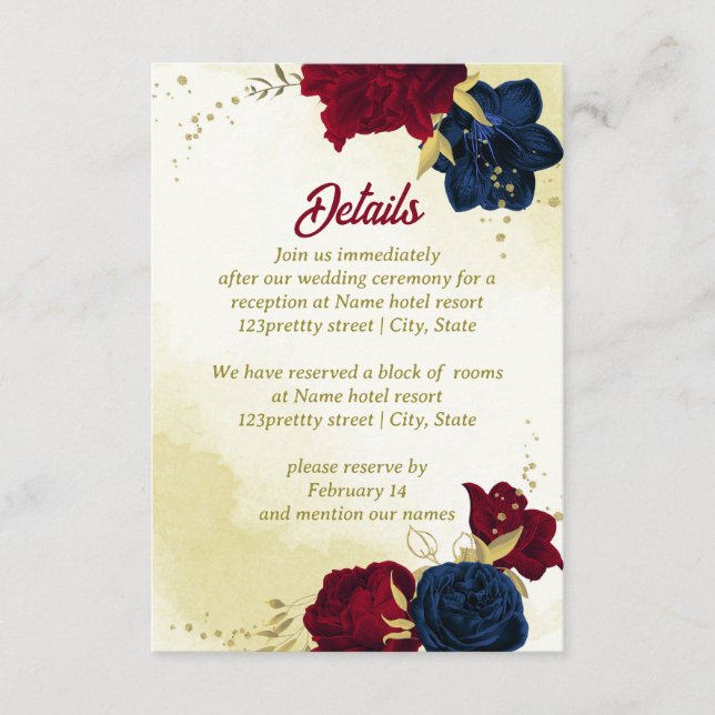 Tarjeta De Recepción flores rojas marinas hojas de oro (Anverso)