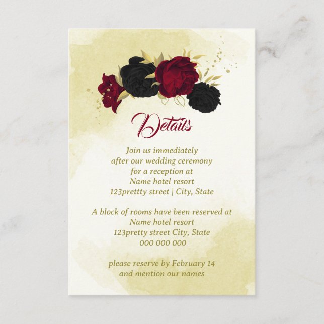 Tarjeta De Recepción flores rojas negras hojas de oro (Anverso)