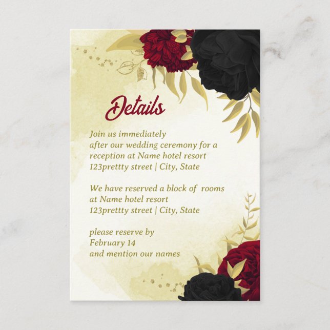 Tarjeta De Recepción flores rojas negras hojas de oro (Anverso)