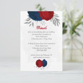 Tarjeta De Recepción flores rojas y azul marino boda botánico plateado