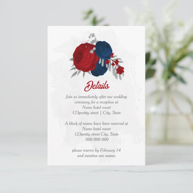 Tarjeta De Recepción flores rojas y azul marino boda botánico plateado (Anverso de pie)