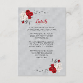 Tarjeta De Recepción Flores rojas y blancas detalles de hojas de plata