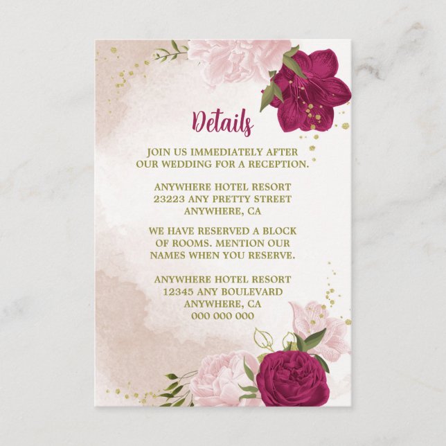 Tarjeta De Recepción flores rosa magenta hojas verdes (Anverso)