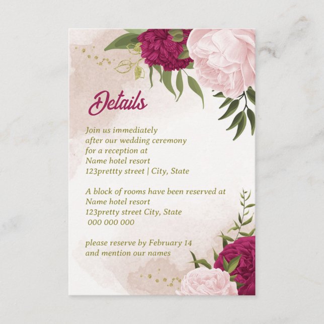 Tarjeta De Recepción flores rosa magenta hojas verdes (Anverso)