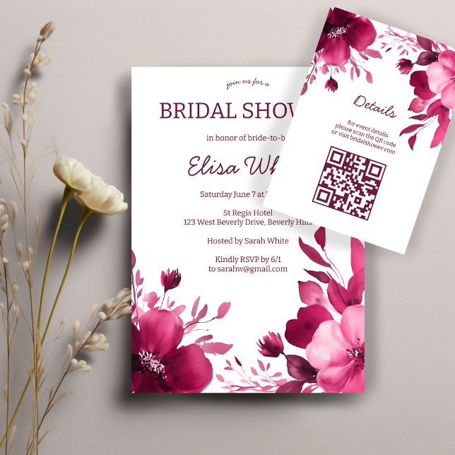 Tarjeta De Recepción Flores rosadas Acuarela para Despedida de Soltera  (Pink Blooms Watercolor Bridal Shower CUSTOM QR Enclosure Card
)