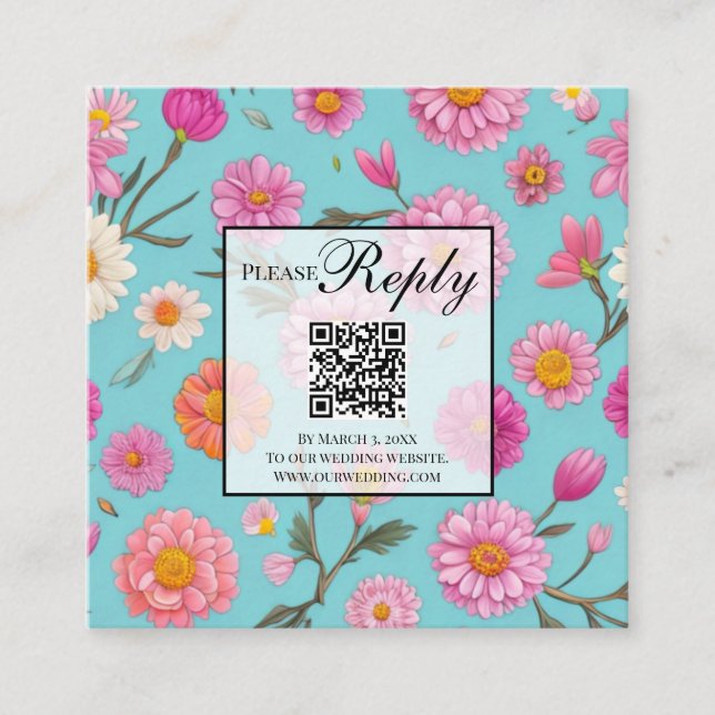 Tarjeta De Recepción Flores rosadas de margarita floral código QR (Anverso)