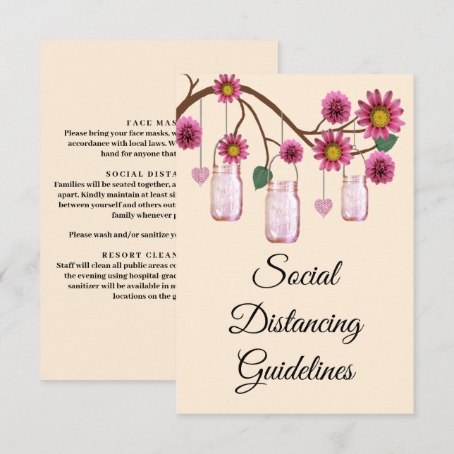 Tarjeta De Recepción Flores rosadas Medidas de seguridad de Mason Jar (Anverso / Reverso)