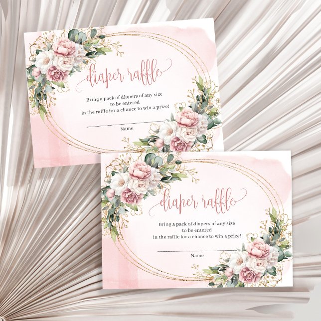 Tarjeta De Recepción Flores Rosadas y Verde Diaper Raffle (Lovely Blush Pink Flowers Greenery Diaper Raffle)