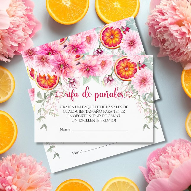 Tarjeta De Recepción Flores rosas Diaper español Raffle Baby Shower (Citrus & Pink Watercolor Flowers baby shower Spanish diaper raffle enclosure cards)
