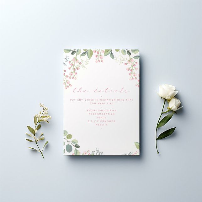 Tarjeta De Recepción Flores rosas y verdes, elegantes detalles (Pretty wedding the details information card with pink flowers and olive branches.)