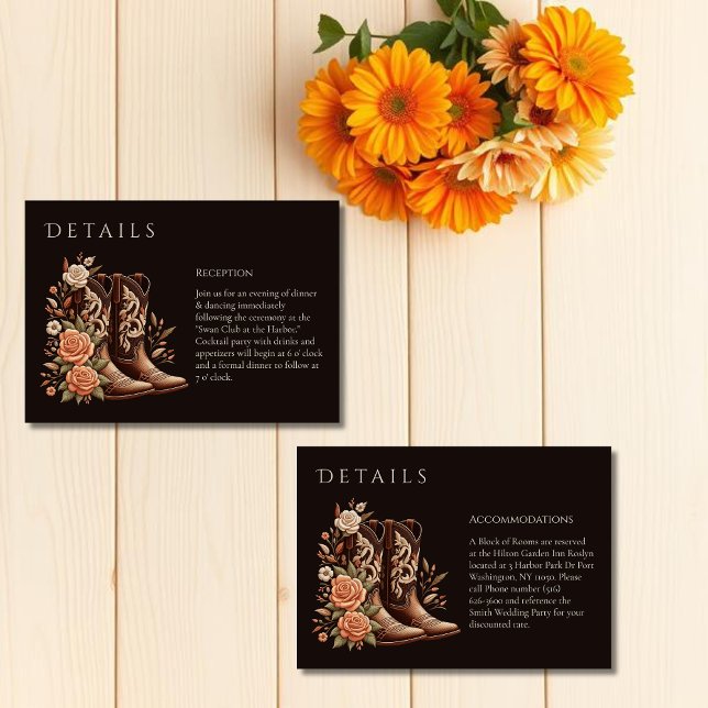 Tarjeta De Recepción Flores rurales occidentales con boots de vaquero (Country Western Flowers with Cowboy Boots-Wedding Enclosure Card-Details)