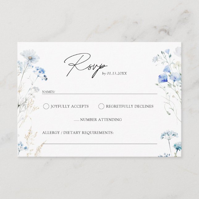 Tarjeta De Recepción Flores salvajes azul turquesa Boda Monograma RSVP (Anverso)
