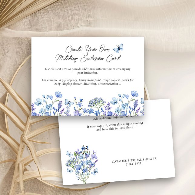 Tarjeta De Recepción Flores salvajes azules delgadas florales en blanco (Blank Enclosure Card to create your own custom details - Blue Wildflower Bridal Shower Collection
)