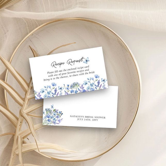 Tarjeta De Recepción Flores salvajes azules solicitud de receta de duch (Share a Recipe with the Bride Request Cards Blue Wildflower Bridal Shower Collection)