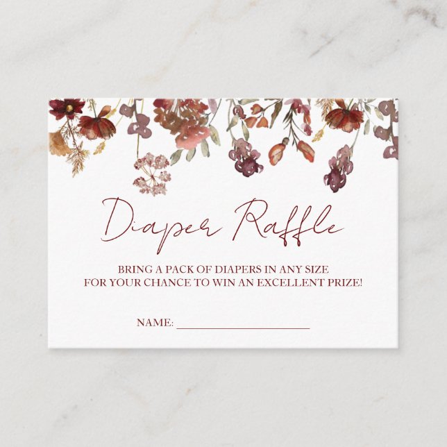 Tarjeta De Recepción Flores salvajes Baby Shower, pañal de otoño Raffle (Anverso)