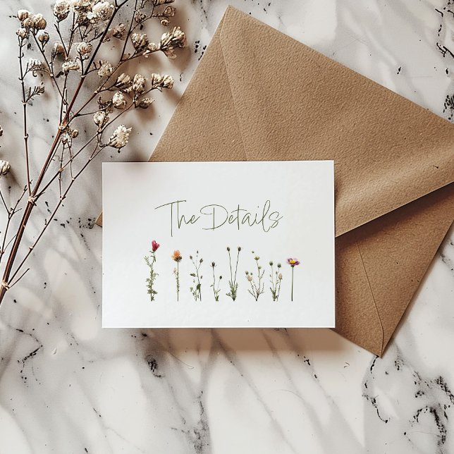 Tarjeta De Recepción Flores silvestres boda blanco los detalles (Pretty wild flowers wedding "The Details" card.)