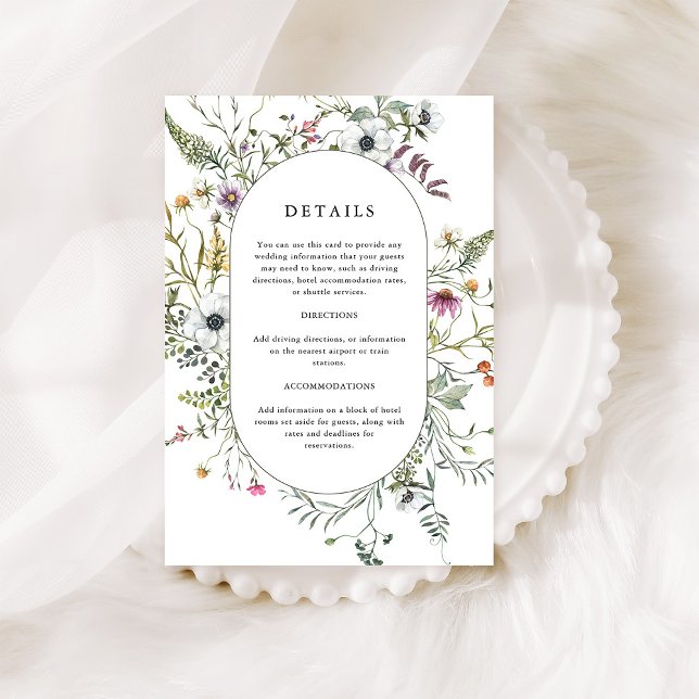 Tarjeta De Recepción Flores silvestres botánicas | Detalles del Boda (An elegant wedding details card with a beautiful wildflower frame)