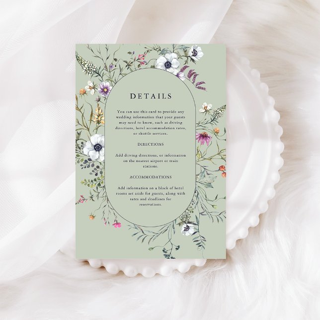 Tarjeta De Recepción Flores silvestres botánicas | Detalles del Boda ve (A pretty wildflower frame decorates these stylish soft green wedding detail cards)