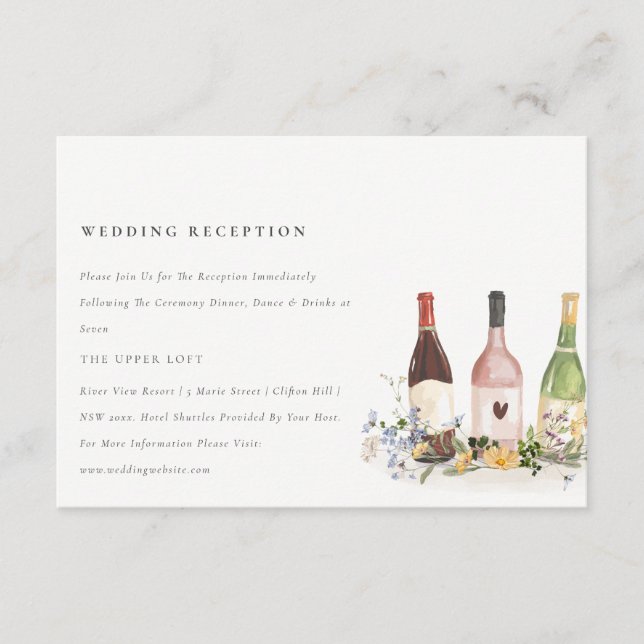 Tarjeta De Recepción Flores silvestres Cheers Botellas de vino Recepció (Anverso)