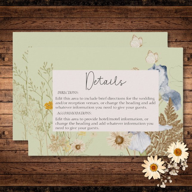 Tarjeta De Recepción Flores silvestres en detalles de Boda de sabio lig (Wildflowers on Light Sage Wedding Details Enclosure Card)
