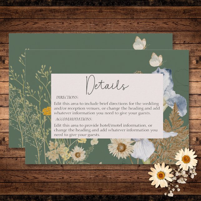 Tarjeta De Recepción Flores silvestres en los detalles del Boda Sage (Wildflowers on Sage Wedding Details Enclosure Card)